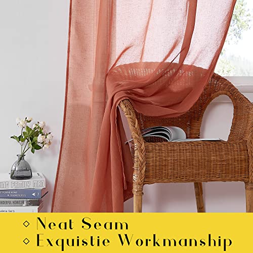 NICETOWN Burnt Orange Linen Sheer Curtains 84 inch Long 2 Panels, Adjustable Tie Top DIY Crafted Semi Sheer Linen Drapes Privacy with Light Filtering for Bedroom/Living Room, W52 x L84