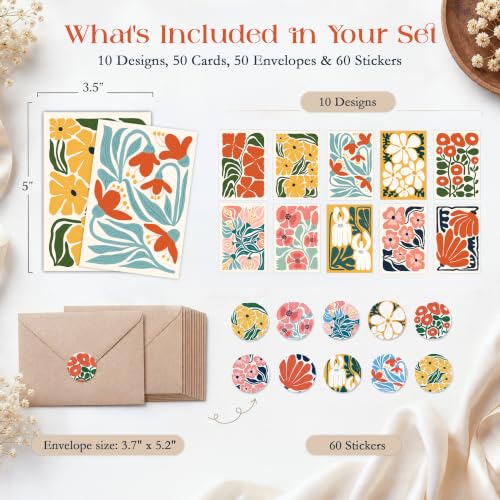 AUDREE 50 Pack Modern Abstract Floral Blank Cards & Envelopes