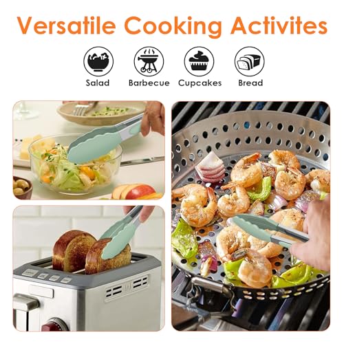 HOTEC 7-Inch Mini Silicone Kitchen Tongs - Heat Resistant Set of 3 (Light Green)