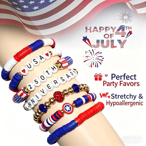 Patriotic 250th Anniversary USA Bracelets - Red, White & Blue Beaded Jewelry Set