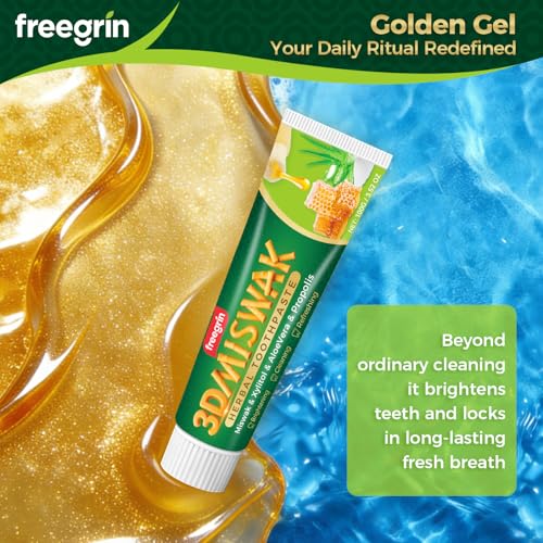 FREEGRIN Organic Miswak Herbal Toothpaste - Fluoride Free with Aloe Vera & Propolis 3.52 oz