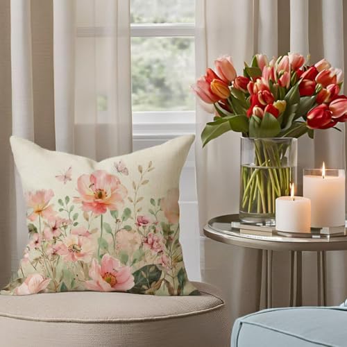 PANDICORN 18x18 Inch Pink Flower Throw Pillow Covers (Set of 2)