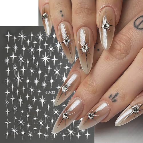 FOXIIU 6 Sheets Silver Nail Art Stickers, 3D Self-Adhesive Moon Star Floral Decals