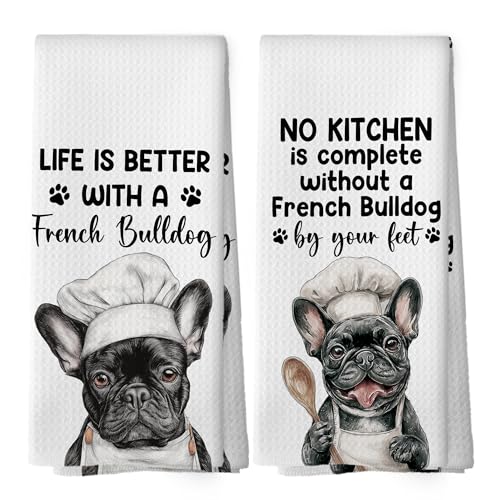 Funny French Bulldog Kitchen Dish Towels Set of 2 Chef Frenchie Gifts