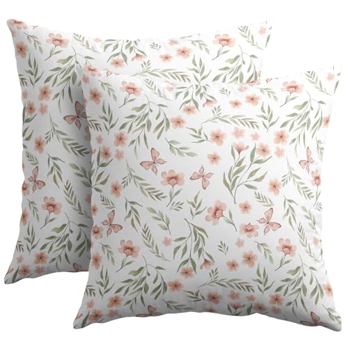 Trongr Floral Throw Pillow Covers, 18x18 Sage Green & Pink Cotton Linen Set