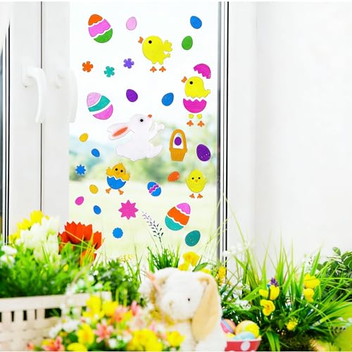 Easter Gel Window Clings Set - 6 PCS Bunny, Eggs & Flowers Decor