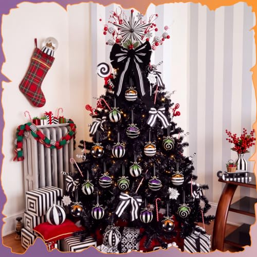 24 Pcs Halloween Black and White Christmas Ball Ornaments for Tree - Spooky Variation