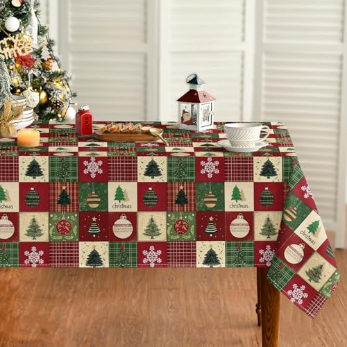 Christmas Tablecloth 60 x 140 Inch Rectangular Green Tree & Snow Holiday Decor - Red Variation
