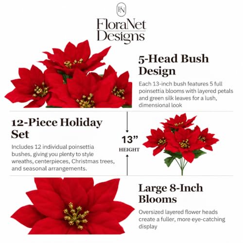 12 pcs 13-inch Velvet Artificial Poinsettia Bushes with Gold Centre - Christmas Decor, Red/Gold Variation