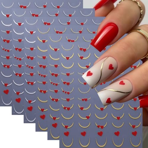 Valentine's Day Heart Nail Art Stickers - 6 Sheets 3D Self-Adhesive French Tip & Red Hearts