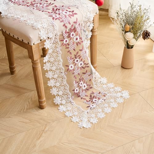 Dark Red Lace Table Runner 16x72 Inches Embroidered Dresser Scarf - Elegant Home Decor