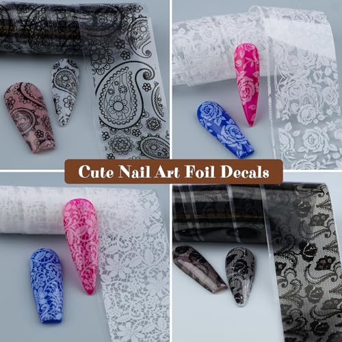 Kikonoke Lace Nail Foil Transfer Sheets - 10 Rolls Black & White Flower Decals