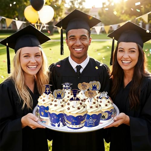 Graduation Cupcake Toppers & Wrappers Set - 24PCS Blue Grad Decorations
