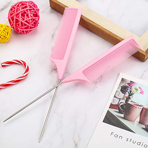 Leinuosen 3 Pack 9 Inch Carbon Fiber Rat Tail Comb with Metal Pick Pink