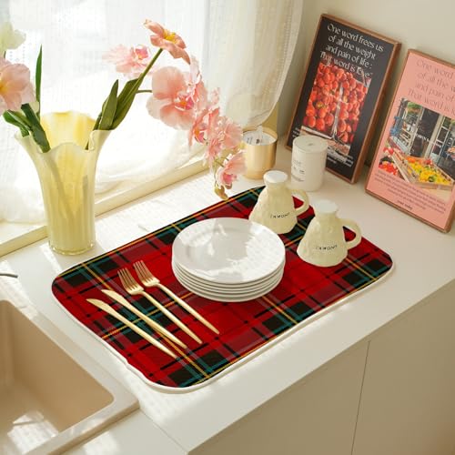 Christmas Dish Drying Mat 18x24 Inch Buffalo Plaid - Red, Green & Floral Variation