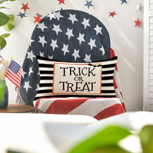 Halloween Watercolor Stripes Trick or Treat Pillow Cover - 20x12 Inch