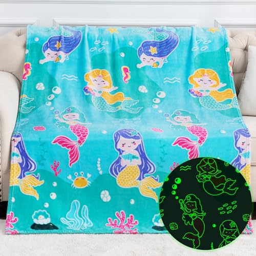 Levens Blue Mermaid Glow in the Dark Throw Blanket, Soft Plush 50"x60" Gift