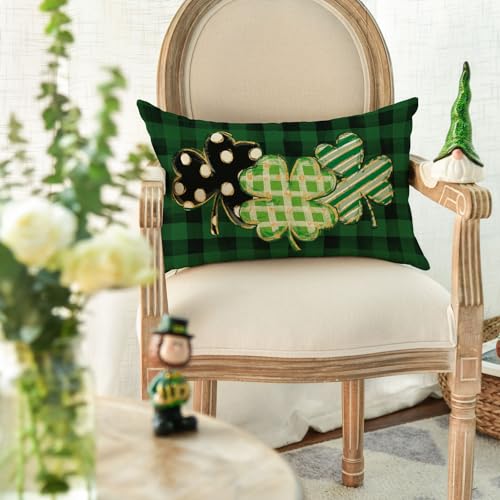 AVOIN colorlife St Patricks Day Clover Pillow Cover 12x20 Dark Green Buffalo Plaid Shamrock Cushion for Sofa Couch