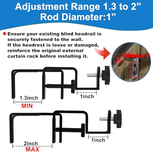 LAZTZQ No-Drill Curtain Rod Bracket, Adjustable 1.3-2 Inch Clamp - Black, 2PCS