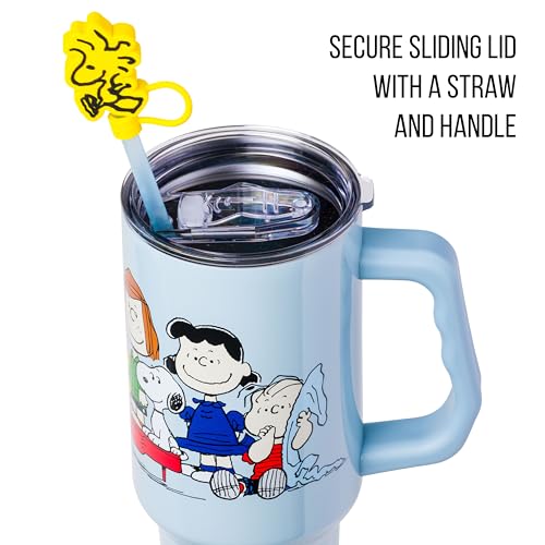 Silver Buffalo Peanuts Gang Charlie Brown, Snoopy, Woodstock, Lucy, Sally, Linus, Double Walled Stainless Steel Tumbler with Handle, Straw, and Straw Cap, Fits in Standard Cup Holder, 40 Ounces