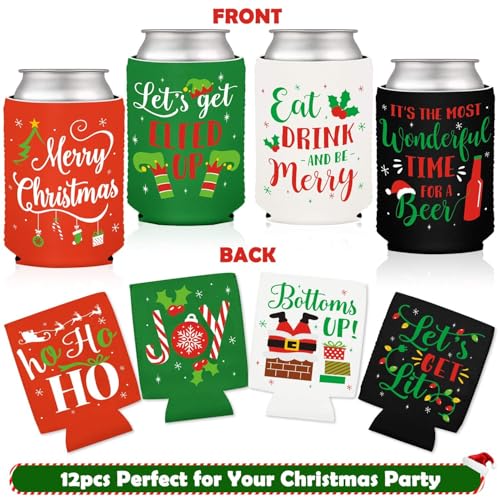 CiyvoLyeen Christmas Can Sleeves Set of 12 - Holiday Neoprene Drink Coolers with Festive Sayings