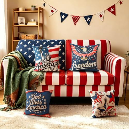 QPIXVB 18x18 Patriotic Throw Pillow Covers Set of 4 Red White Blue Outdoor Home Decor