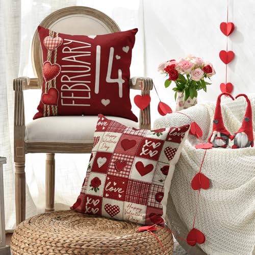 Valentine's Day Throw Pillow Covers 18x18 Inch, Set of 4 Heart Decor