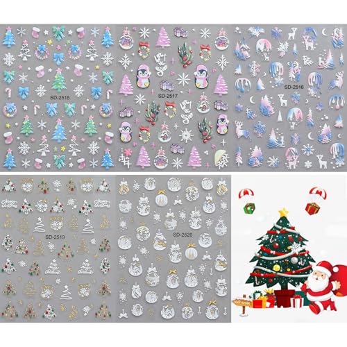 5D Christmas Nail Stickers Embossed Snowflake Holiday Nail Decals 5 Sheets