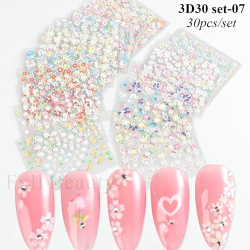 30 Sheets 5D Embossed Floral Nail Stickers Self-Adhesive Flower Decals