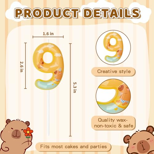Capybara Birthday Candles - Yellow Number 9 Cake Topper