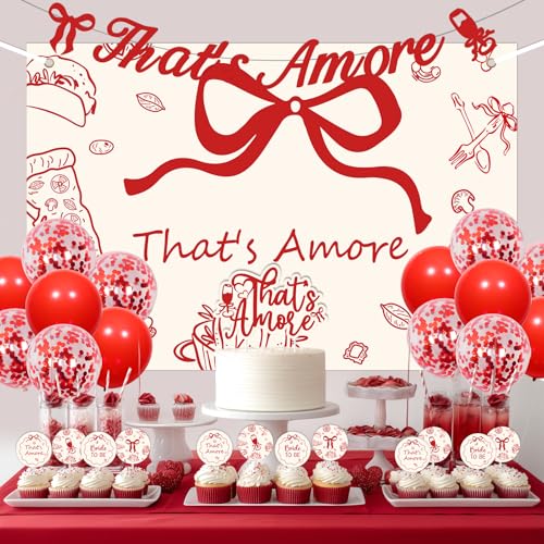 That's Amore Bridal Shower Decorations Set with Backdrop & Cupcake Toppers