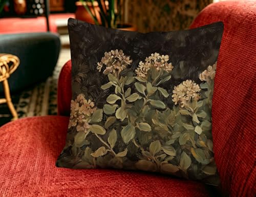 Moody Dark Hydrangea Botanical Throw Pillow Cover 18x18, Rustic Floral