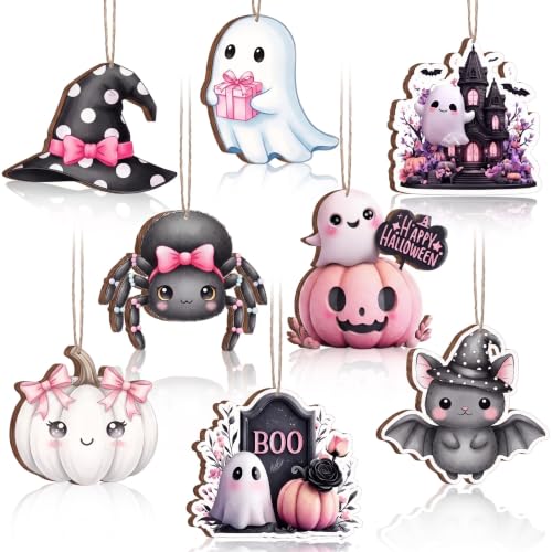 8 Pcs Pink Halloween Wooden Ornaments - Spooky Cute Decor