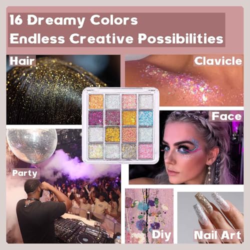 16-Color Holographic Body Glitter Gel Palette for Face, Hair & Nails