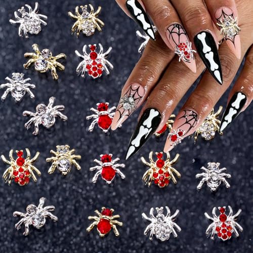 20Pcs 3D Alloy Spider Nail Charms with Red Crystal Rhinestones Punk Gems