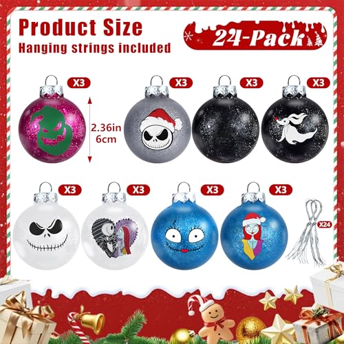 Colorful Skull Pattern Christmas Ornaments Set - 24 Shatterproof Holiday Balls with Hanging Wire