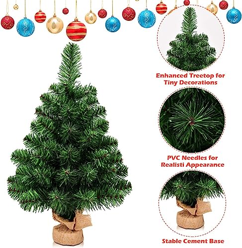 2FT Artificial Christmas Tree with Burlap Base - Green Tabletop Holiday Tree