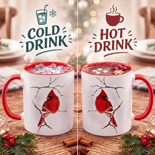 Christmas Cardinal Gift Mug 11oz with Snowy Branch - Holiday Ceramic Cup - Cardinal Bird Variation