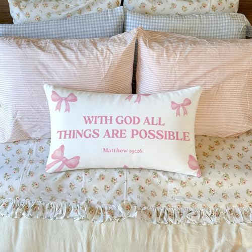 Pink 12x20 Flannelette Throw Pillow Cover - Matthew 19:26 Bow Design