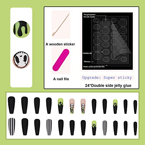 BYETOCE Long Coffin Press On Nails Halloween Black White Stripe Cute Ghost