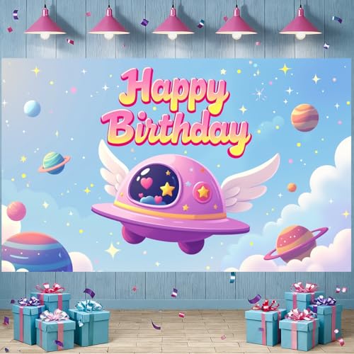 Pink Space Birthday Backdrop Galaxy Planet Rocket Party Banner 35x70