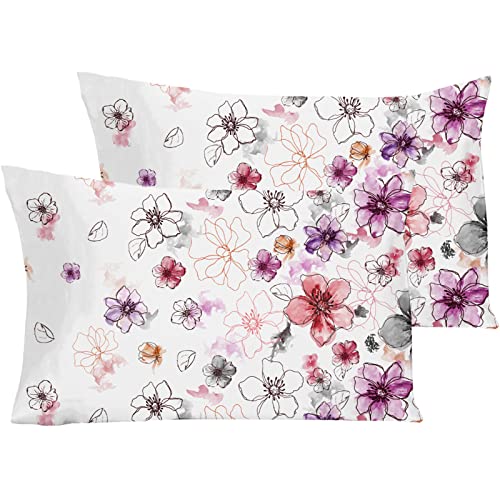 YIYEA King Pillow Cases Set of 2, Floral Brushed Microfiber, 20 x 36 Inch