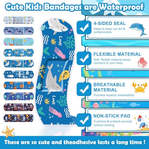 33 Style Kids Cartoon Bandages 300 Pcs Cute Bandages Adhesive Flexible Colorful Bandage Toddler Bandage Waterproof Breathable Protect Scrapes and Cuts for Girls Boys Children Toddlers (Cool)