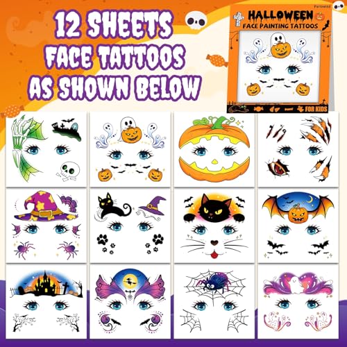Partywind Halloween Temporary Face Tattoos for Kids 12 Sheets