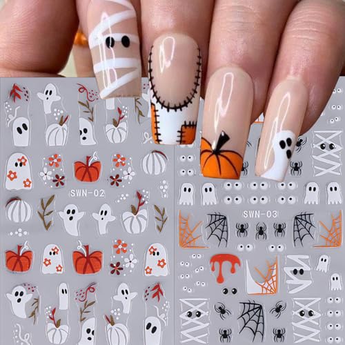 Halloween Nail Stickers 4 Sheets - Cute Ghost Skull Pumpkin 3D Self-Adhesive Decals for DIY Manicure