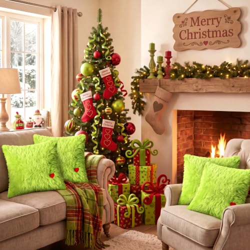 Christmas Elf Faux Fur Pillow Covers 18x18 Inches - Set of 2 - Green