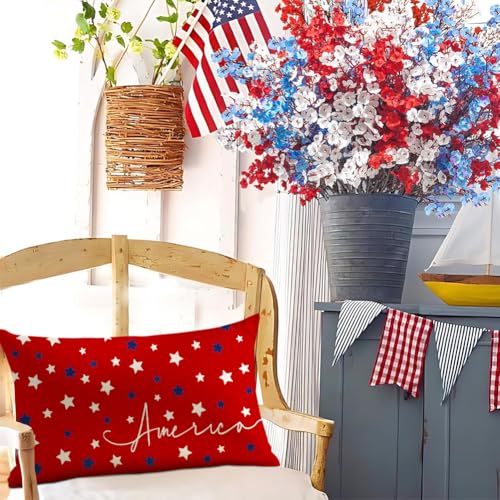 4th of July Patriotic Pillow Cover 12x20 Inch, Red White and Blue Stars Case