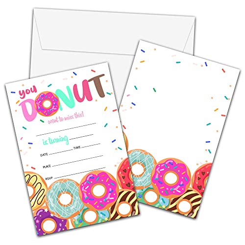 Donut Birthday Party Invitations with Envelopes, 20 Pack 4x6 Fill-In Cards