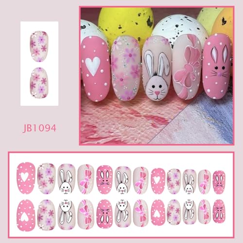 Easter Press on Nails Medium Almond Pink Matte Bunny Fake Nails
