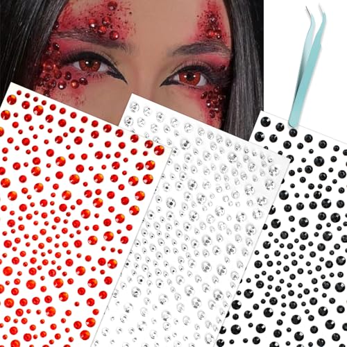 NOOEPC Red and Black Self-Adhesive Face Gems for Halloween Makeup